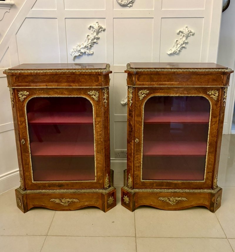 Antique Exceptional Pair of Victorian Burr Walnut Pier Cabinets with Ormolu Mounts
